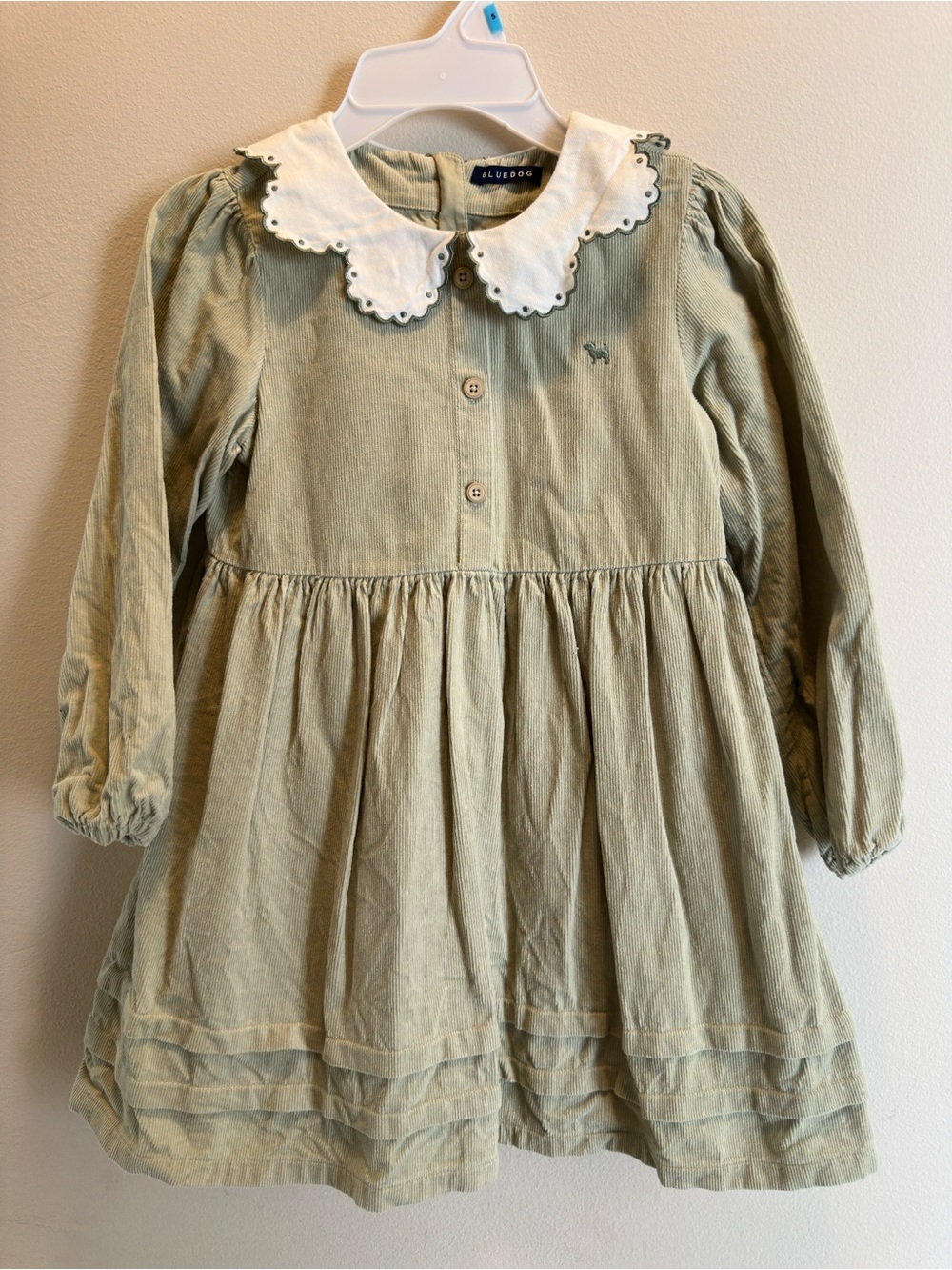 Kids Sage Green Corduroy Dress with White Scalloped Collar -